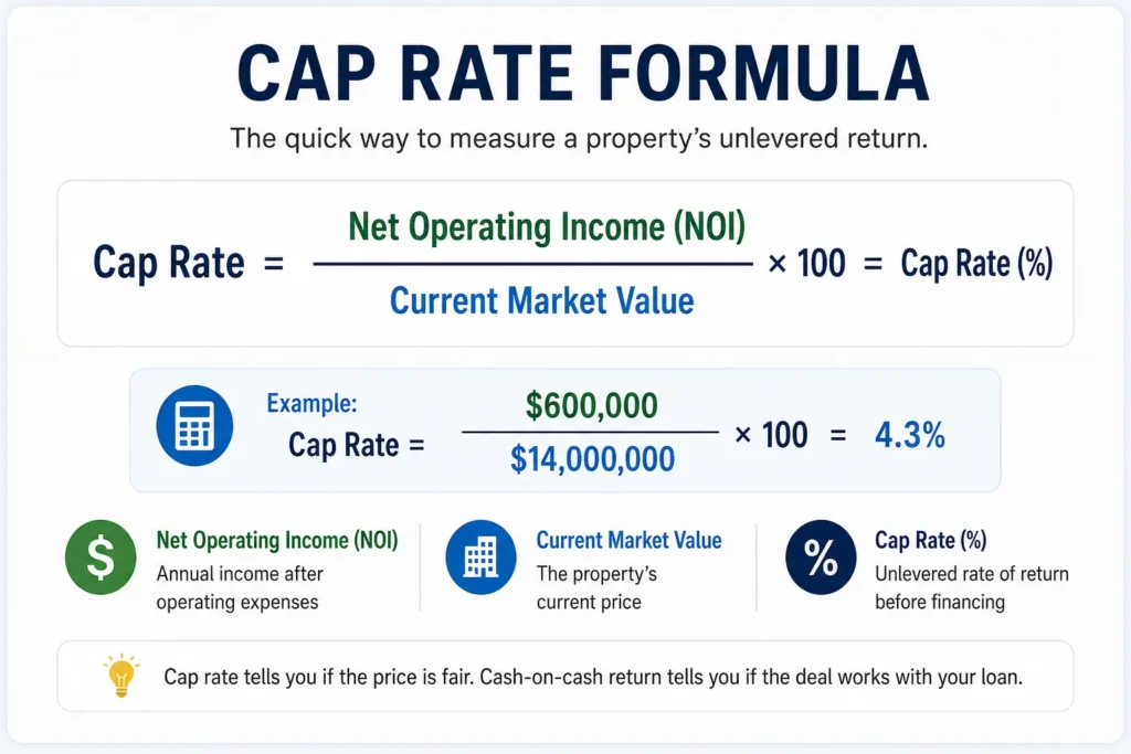 Cap rate formula showing net operating income divided by current market value, with a real estate investment example